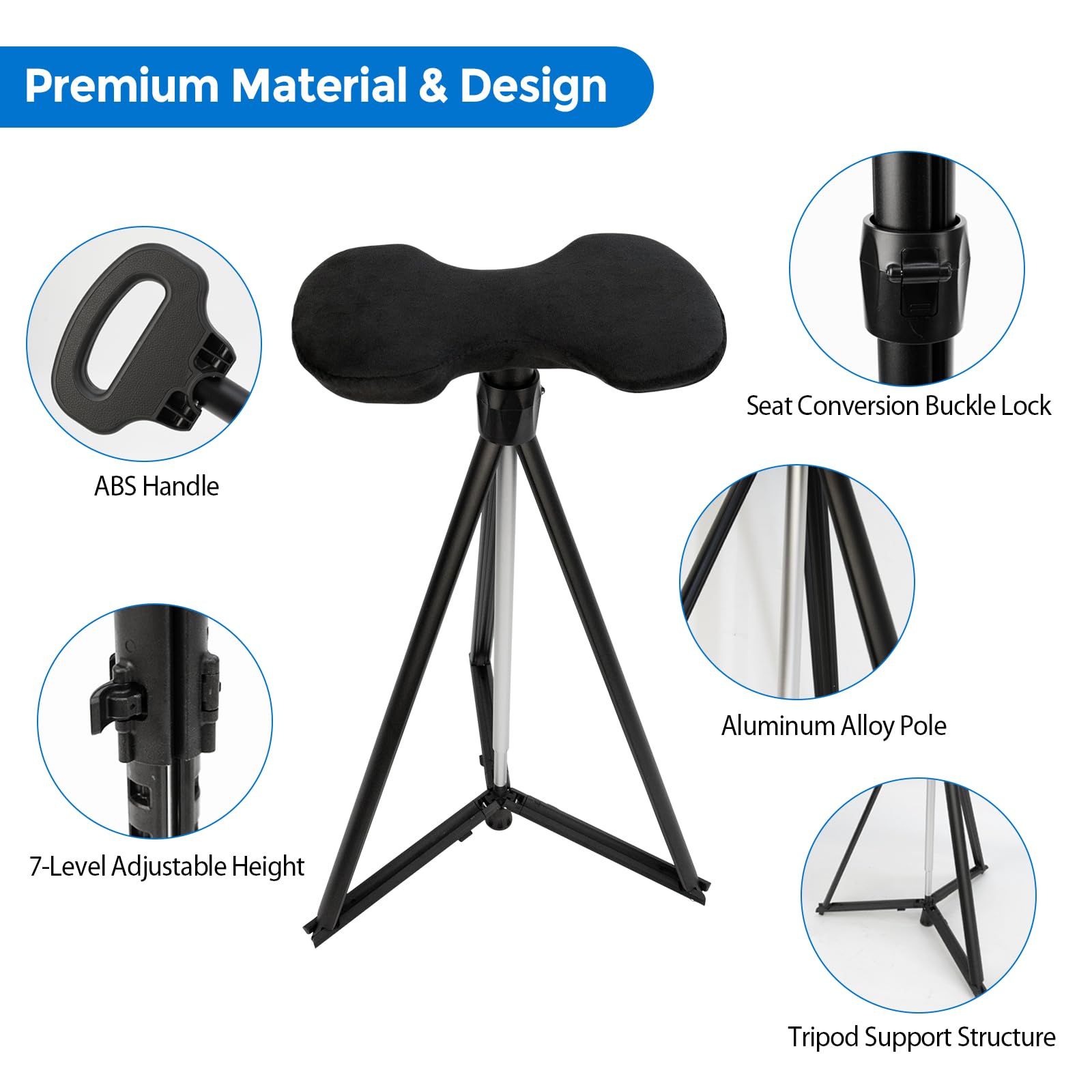 Bastón con Asiento Plegable, Extensibles Muletas Ajustables en Altura de 7 Niveles, Senderismo Bastón Silla Plegable, Palos Senderismo para Trekking, Camping, Viajes
