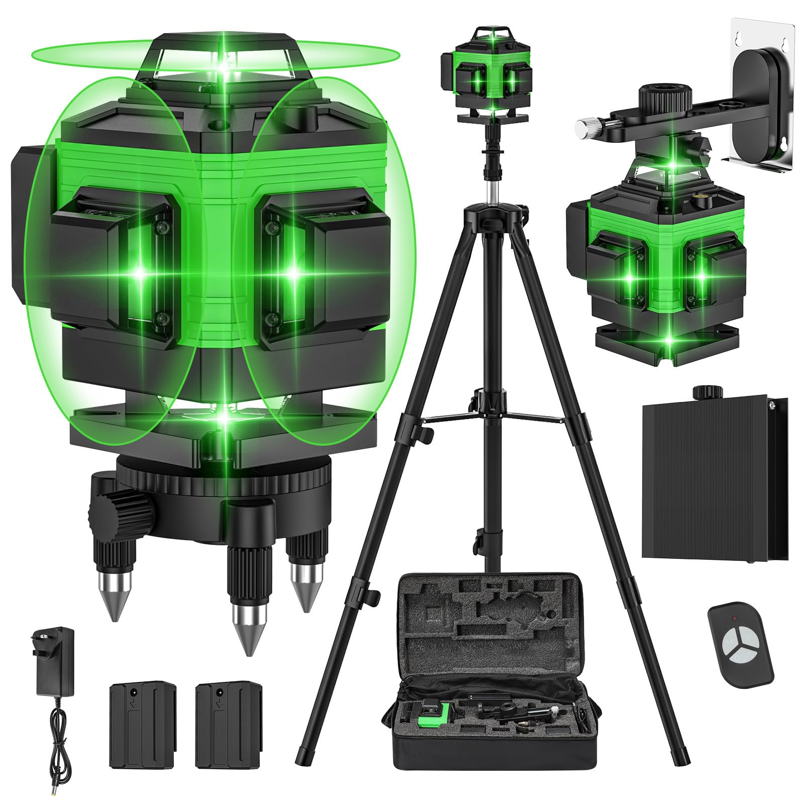 Laser Level Self Leveling 4 x 360°, 4D 16 Lines Green Laser Level with 2 x 2400mAh Batteries, Adjustable Tripod, Swivel Base, Remote Control and Wall Bracket, IP54 Waterproof and Dustproof (Green A)