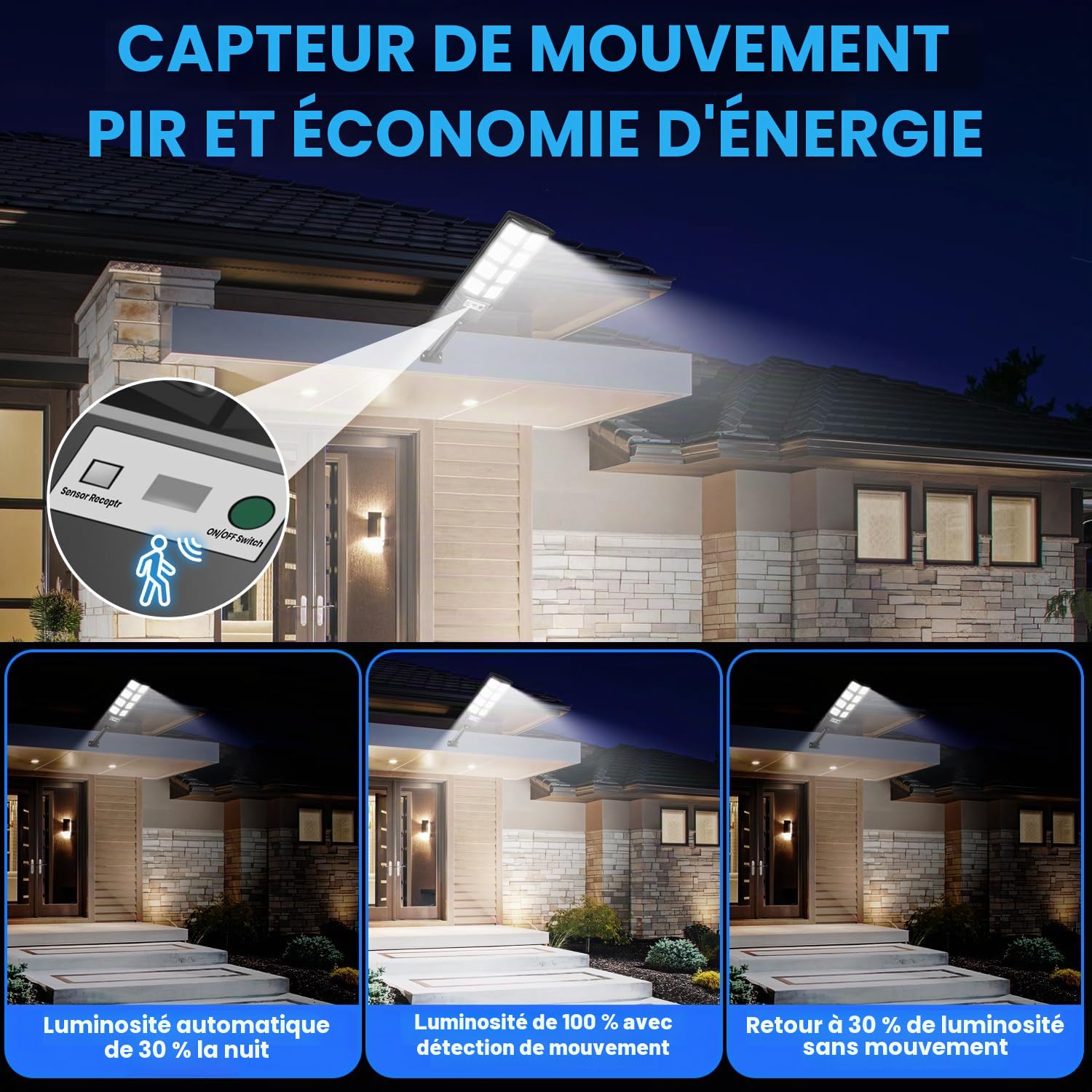 Lampadaire Solaire Extérieur LED 6000K avec Panneau Solaire et Détecteur de Mouvement, IP66 Étanche Lampe Lampadaire de Jardin Spot Solaire Projecteur avec Télécommande pour Cours Garage(4)