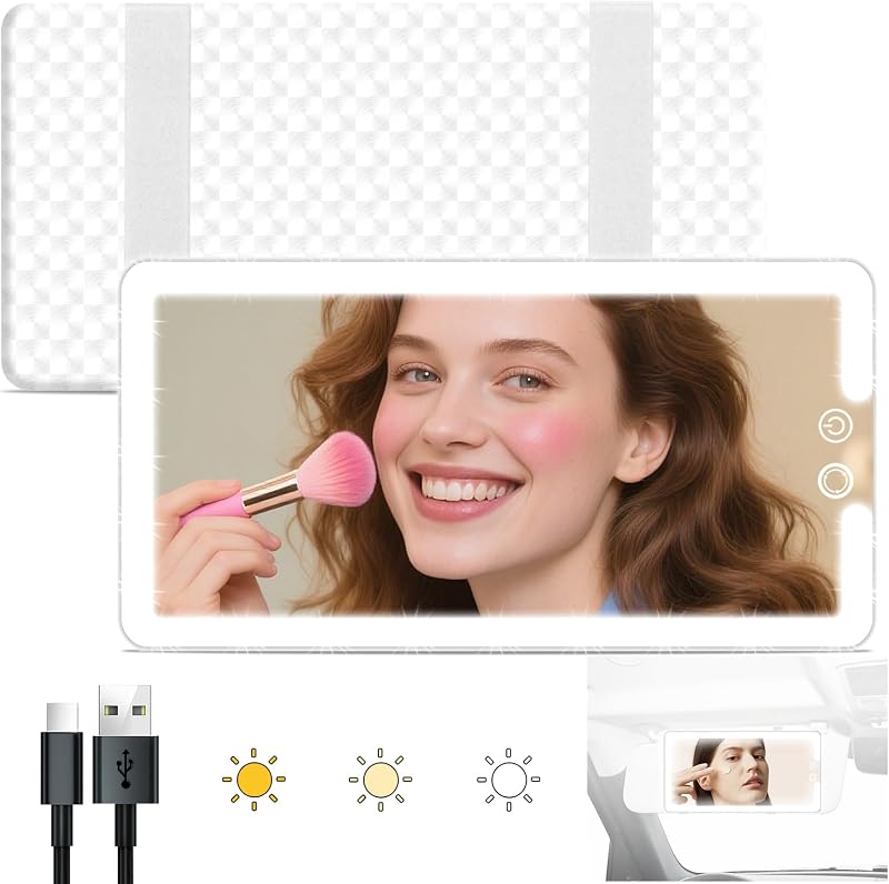 Espelho de Maquiagem LED para Quebra-Sol Automotivo JJhxr com 3 Cores e Brilho Ajustável – Branco