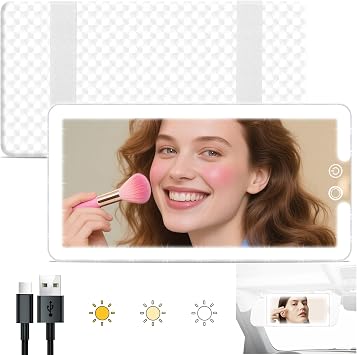Car Sun Visor Vanity Mirror with Lights, Rechargeable LED Car Visor Makeup Mirror with 3 Color Dimmable Lights - Universal Accessories for Cars, SUVs, Trucks White