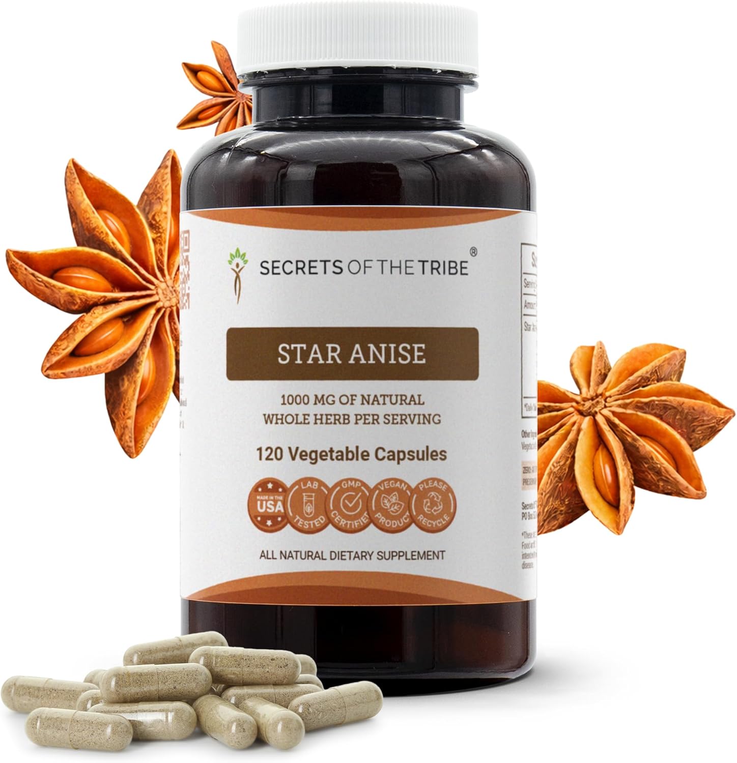 Secrets of the Tribe Star Anise 60 Capsules, 1000 mg, USDA Organic Star Anise (Illicium verum) Dried Seed (60 Capsules)