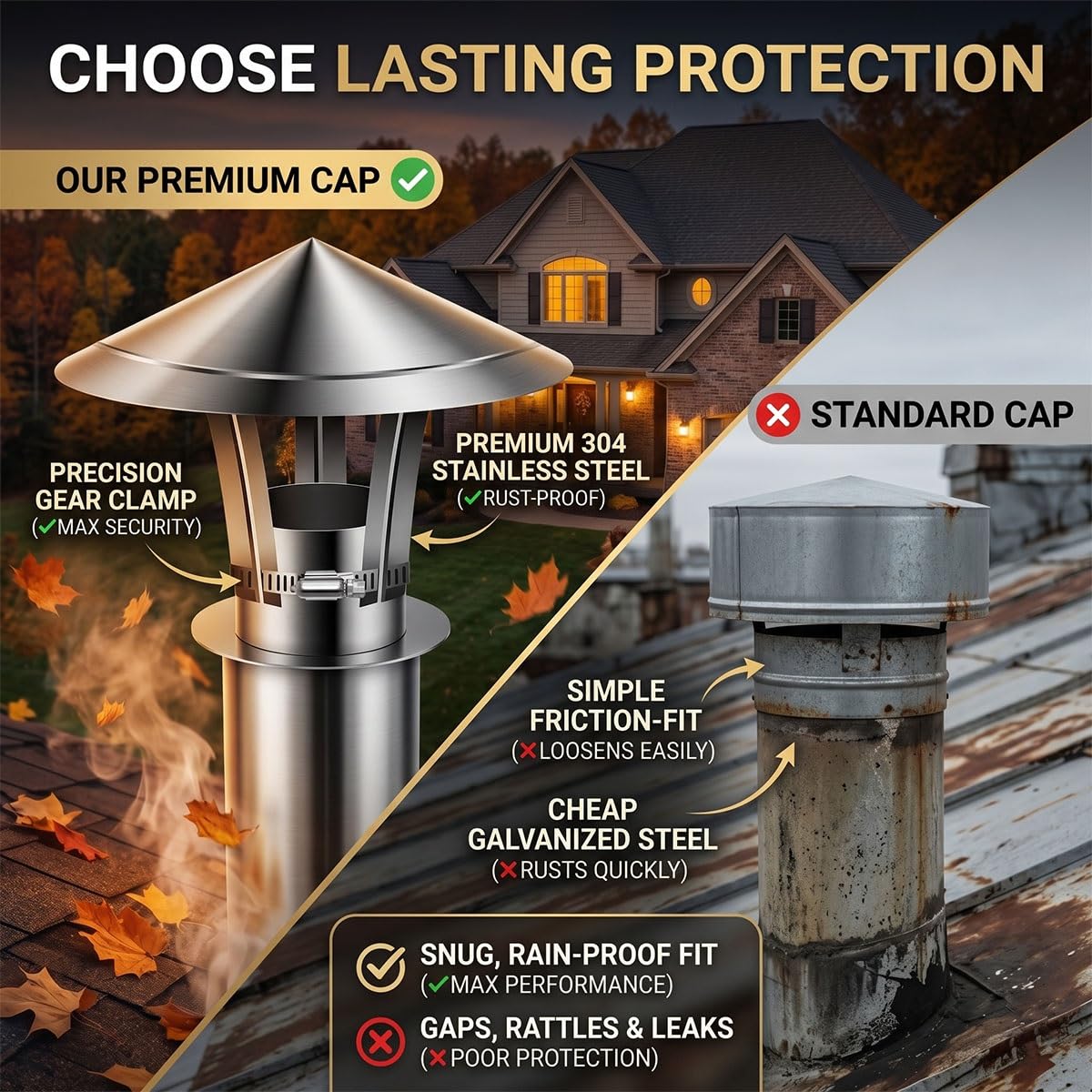 Sombrerete Chimenea Acero Inoxidable Tapa Protectora para Tubo de Estufa Caperuza Antilluvia Sombrero de Ventilación Techo Salida Humos Deflector Viento Tiro Óptimo Fácil Montaje(300mm)
