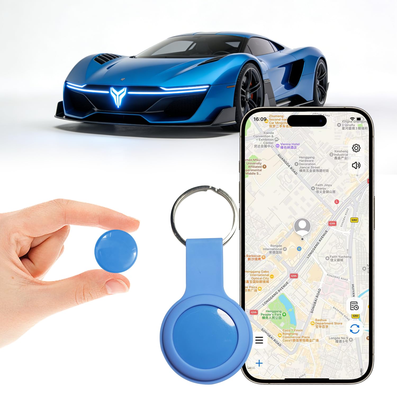 GPS Tracker for Vehicles Cars Kids & Pets Real-Time Global Coverage No SIM Card/No Subscription Long Standby Mini Waterproof Portable Tracking Device for Dogs Elderly & Assets (Light Blue)