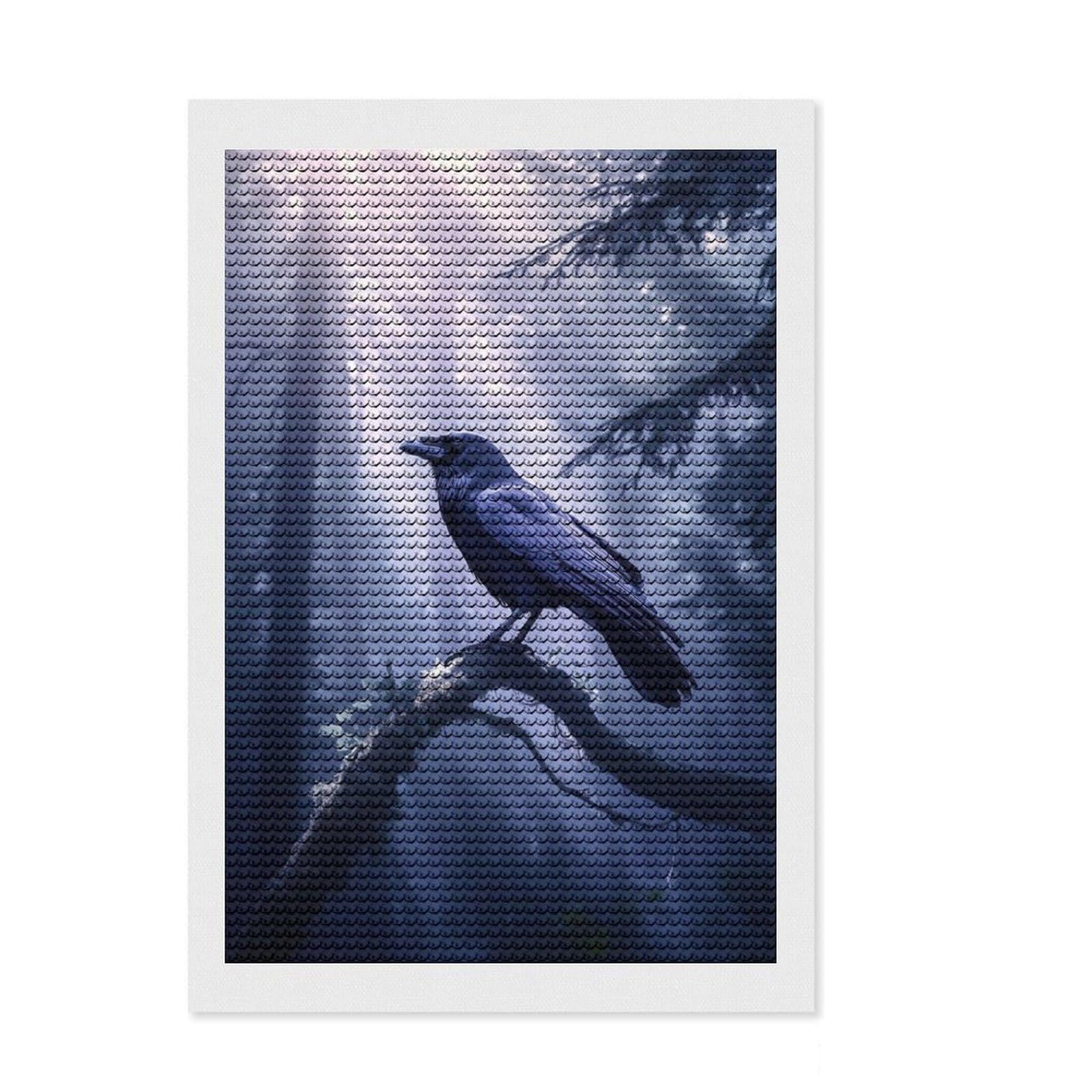 Junmoney Raven Crow in Misty Forest Diamond Painting Set 8"x12", Sparkling Round Gems, Satisfying Creative Project, Fun Craft Experience, Office Decor
