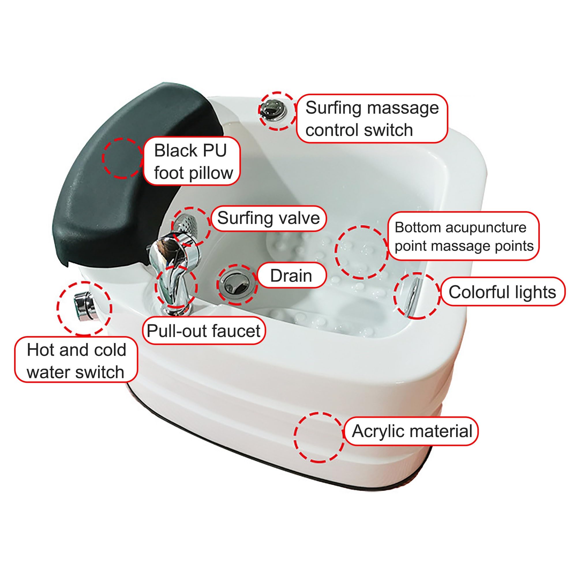 Fußbad mit Massagefunktion aus Acryl, Fußsprudelbad, Pediküre-Schüssel, mit Fußkissen aus schwarzem PU, Fußbadwanne, Pediküre-Waschbecken für das Fußbad zu Hause zum Waschen im Pediküre-Stuhl im Salon