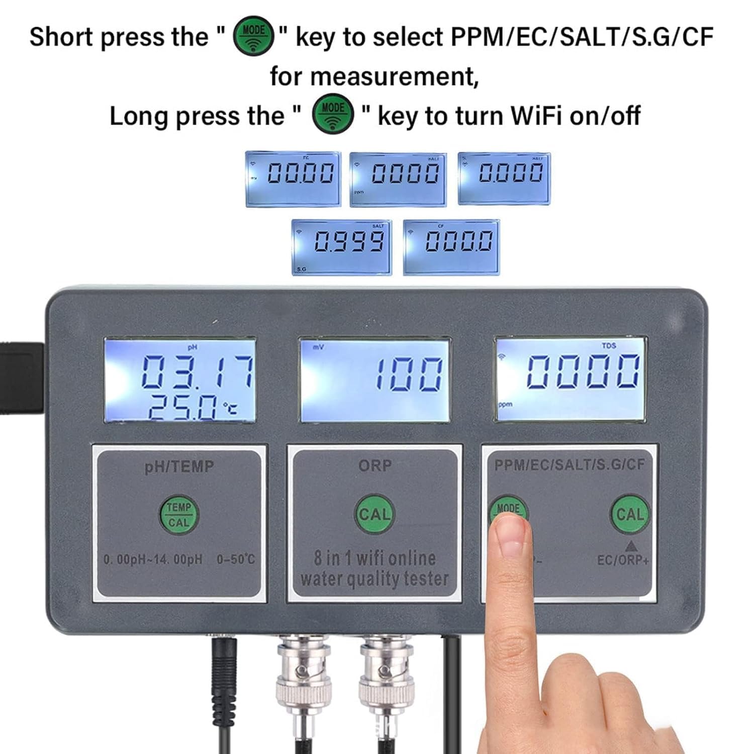 Testeur de qualité de l'eau 8 en 1, moniteur en ligne pour aquarium, piscine, hydroponie, 3 écrans LCD, surveillance des données d'application, analyseur d'eau mural