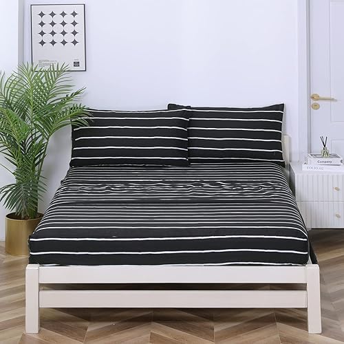 Miniatura 1 de Vaulia Sábana de microfibra suave y ligera, con bolsillo profundo y elástico alrededor, patrón de rayas blancas y negras, tamaño Queen (sábana