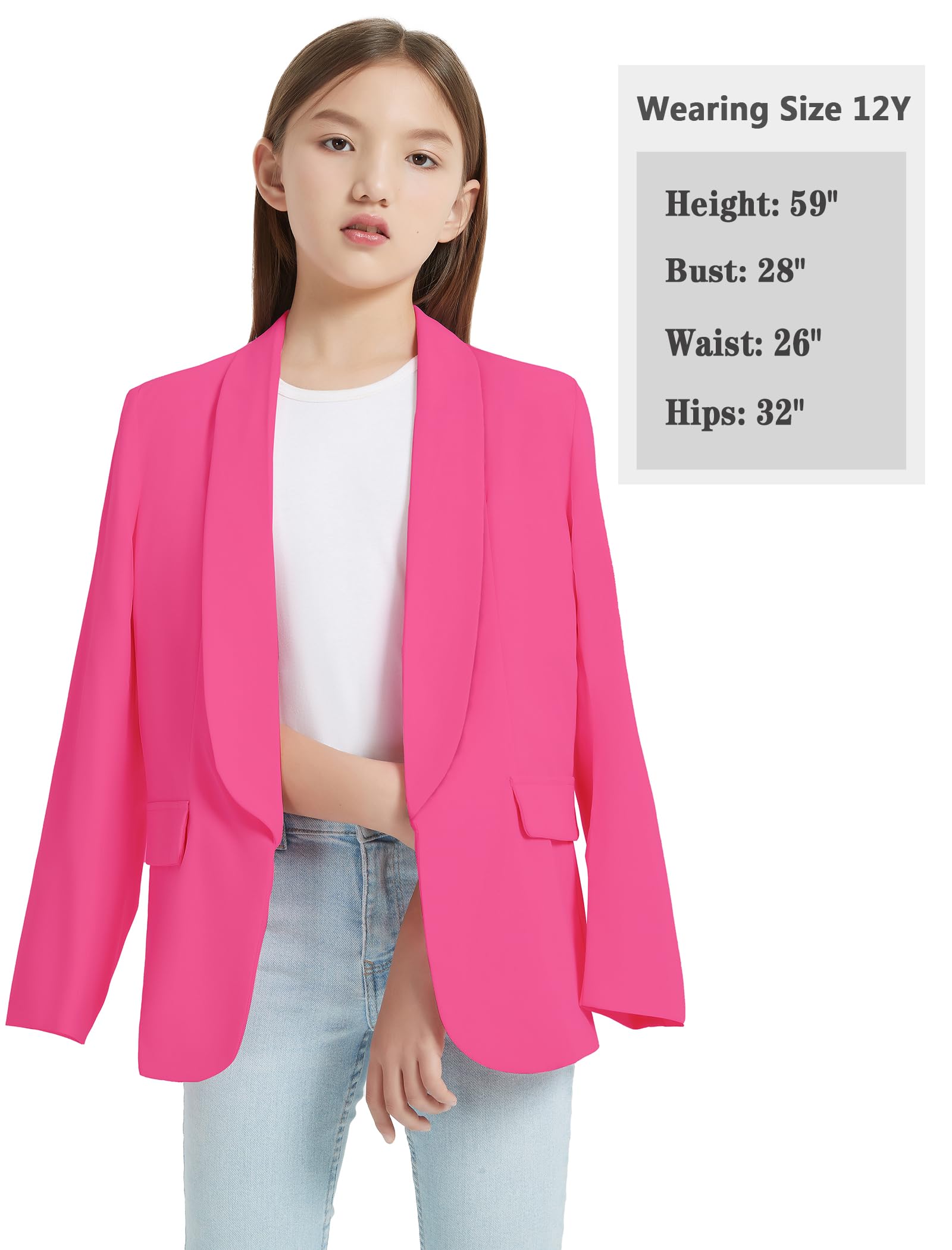 EXARUS Mädchen-Blazer-Jacke, Teenager-Anzug, langärmelig, Schalkragen, formelle Blazer, offene Vorderseite, Innentasche für Kinder von 6–12 Jahren