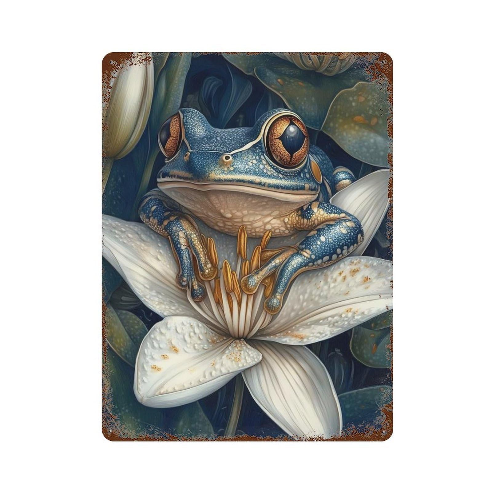 Blue Frog On Lily Rusty Metal Tin Sign 15.7"x11.8", Classic Wall Plaque for Pub, Kitchen And Man Cave Decor