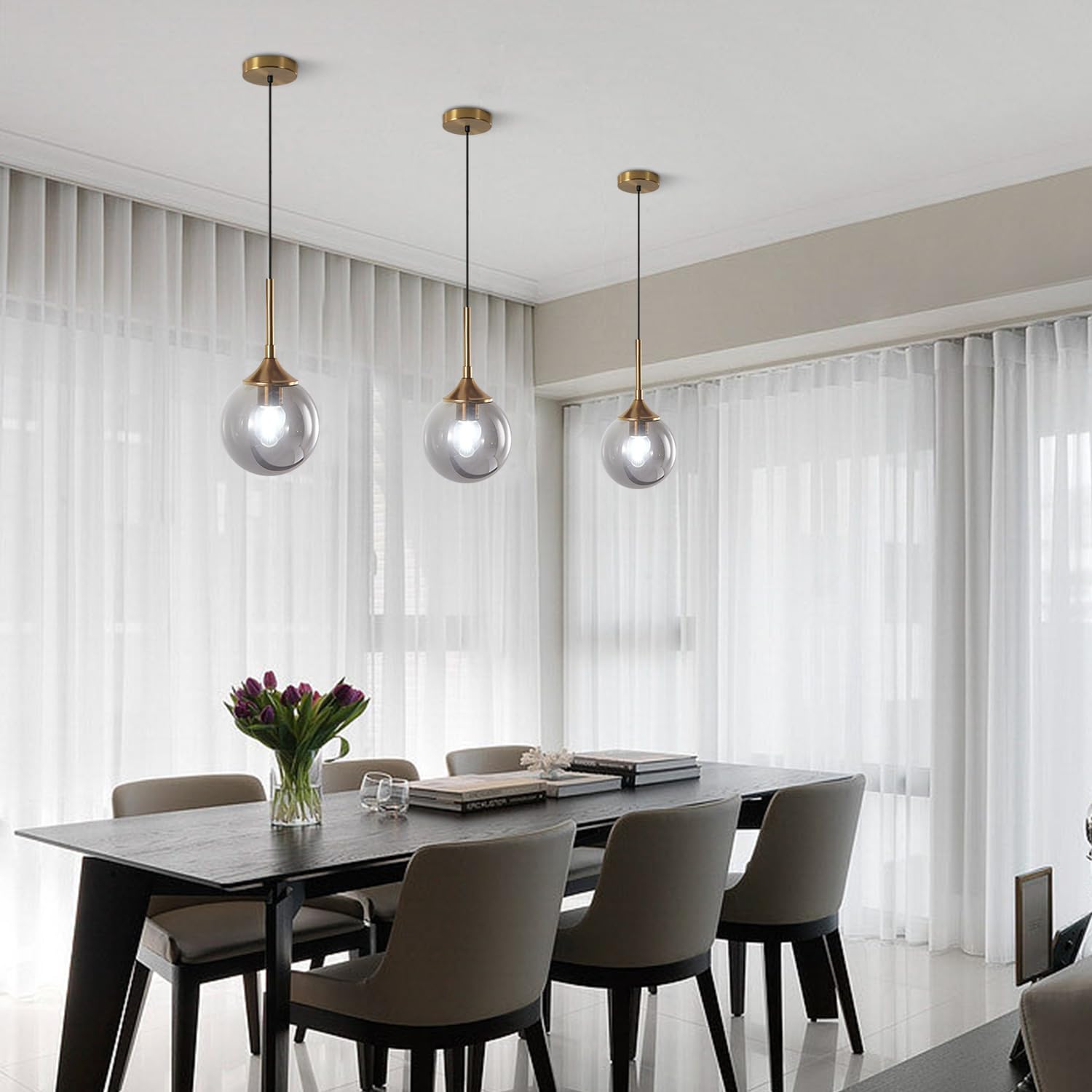 KCO Lampada a Sospensione Globo di Vetro Moderno Lampada a 1 Luce Grigio Fumo Luce a Sospensione Oro Regolabile Metà Secolo Apparecchio di Illuminazione per Interni Camera da Letto Bar sala da Pranzo