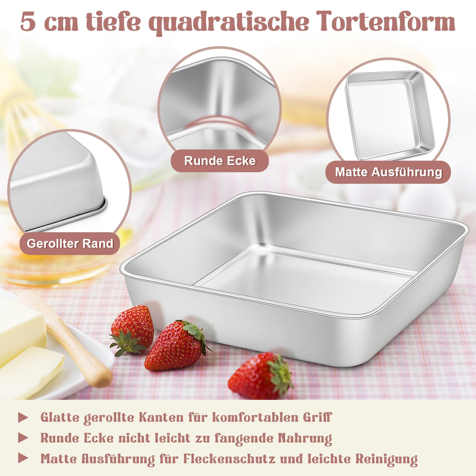 Onader Teglia quadrata per torte in acciaio inox, set da 2, 20 x 20 x 5 cm, perfetta per brownie, lasagne, torte, atossiche e lavabili in lavastoviglie
