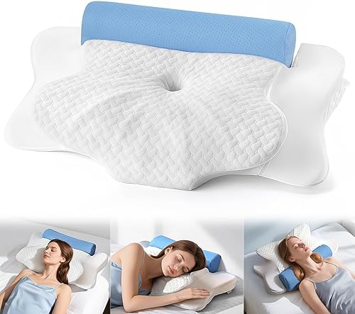 Almohada cervical con rollo de cuello extraíble 2 en 1, almohada ortopédica de espuma viscoelástica para dormir de lado, espalda y estómago, soporte
