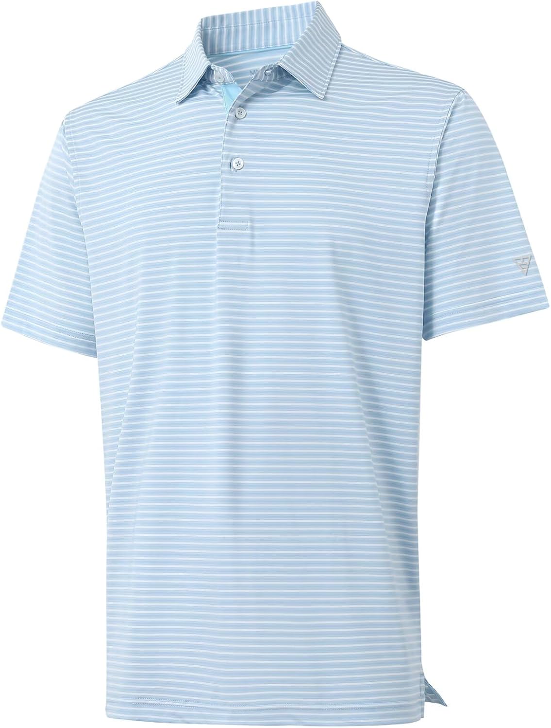 M MAELREG Golf Polo Shirts for Men Stripe Performance Moisture Wicking Dry Fit Collared Mens Polo Shirts Short Sleeve Blue Denim Stripe Large