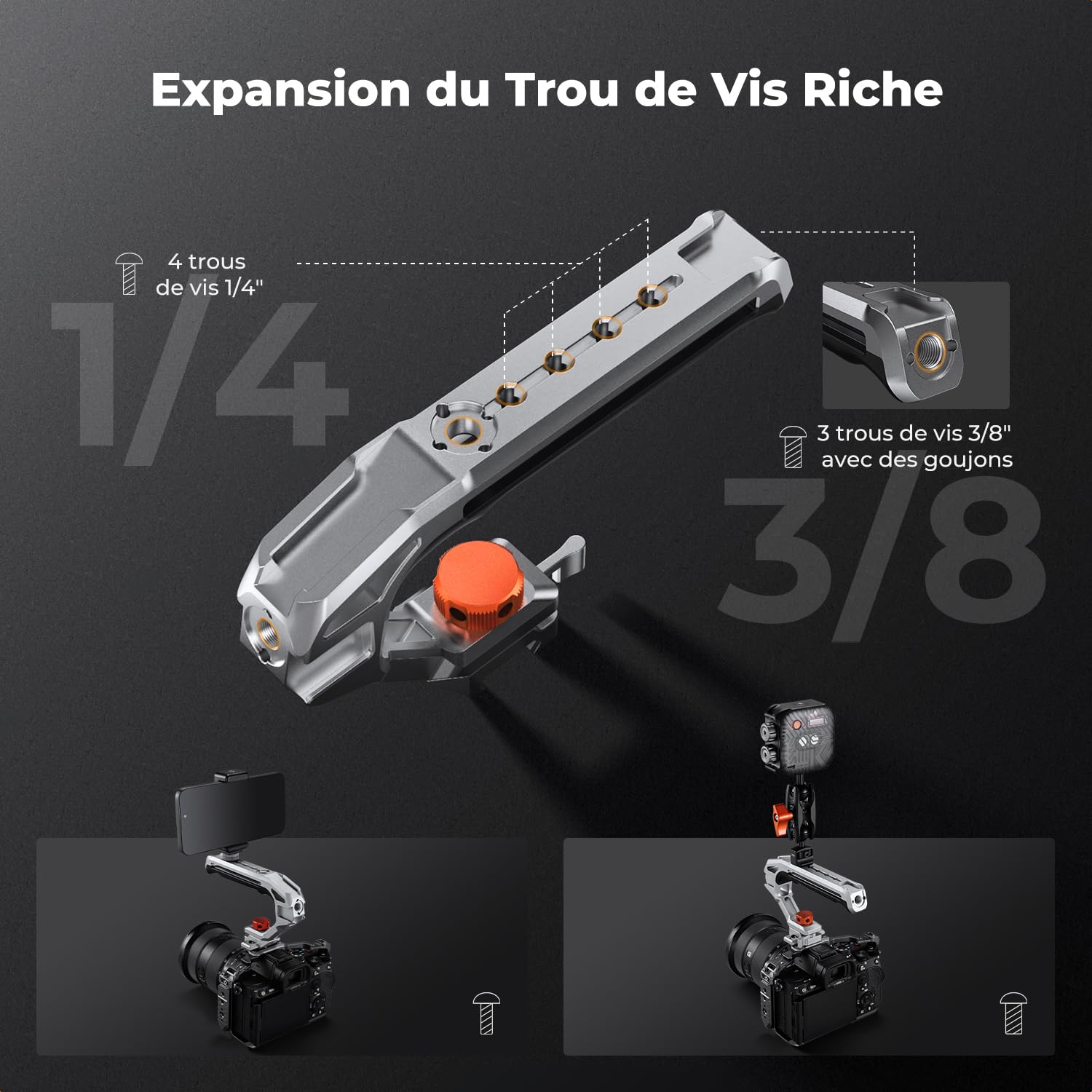 K&F CONCEPT Poignée Supérieure Métal avec Système Rail NATO et Arri 3/8"-16 Cold Shoe Vis 1/4" Capacité de Charge Jusqu'à 10 kg Ergonomique Solide pour Caméra Appareil Photo