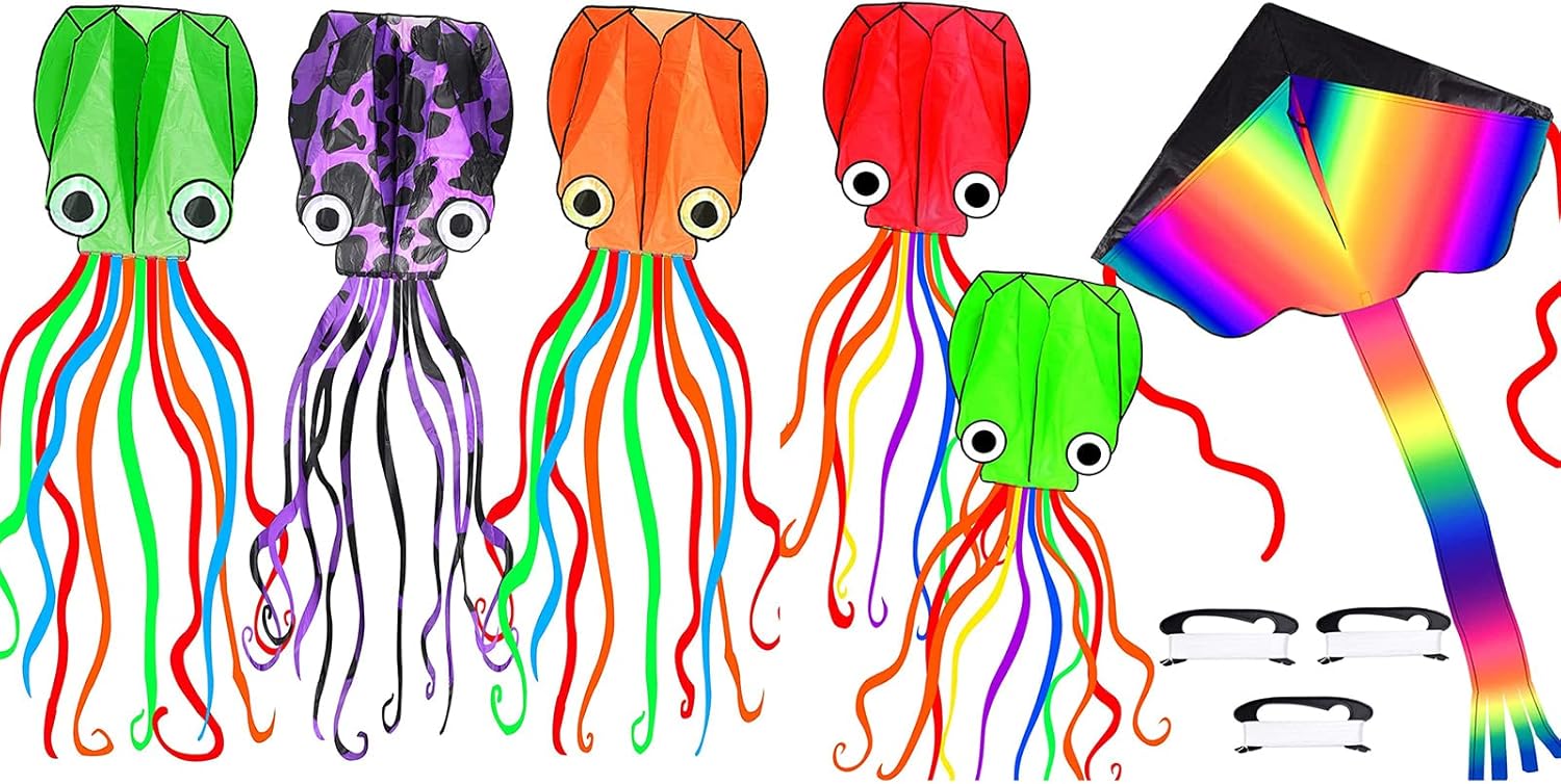 6 Pack Octopus Kite, 3D Kite Long Tail Easy Flyer Kite Beach Kites People Adults Gift Colors Kites for Kids Easy to Fly, Kite Kit with Kite String 100M, Kiteboarding Kite for Adults