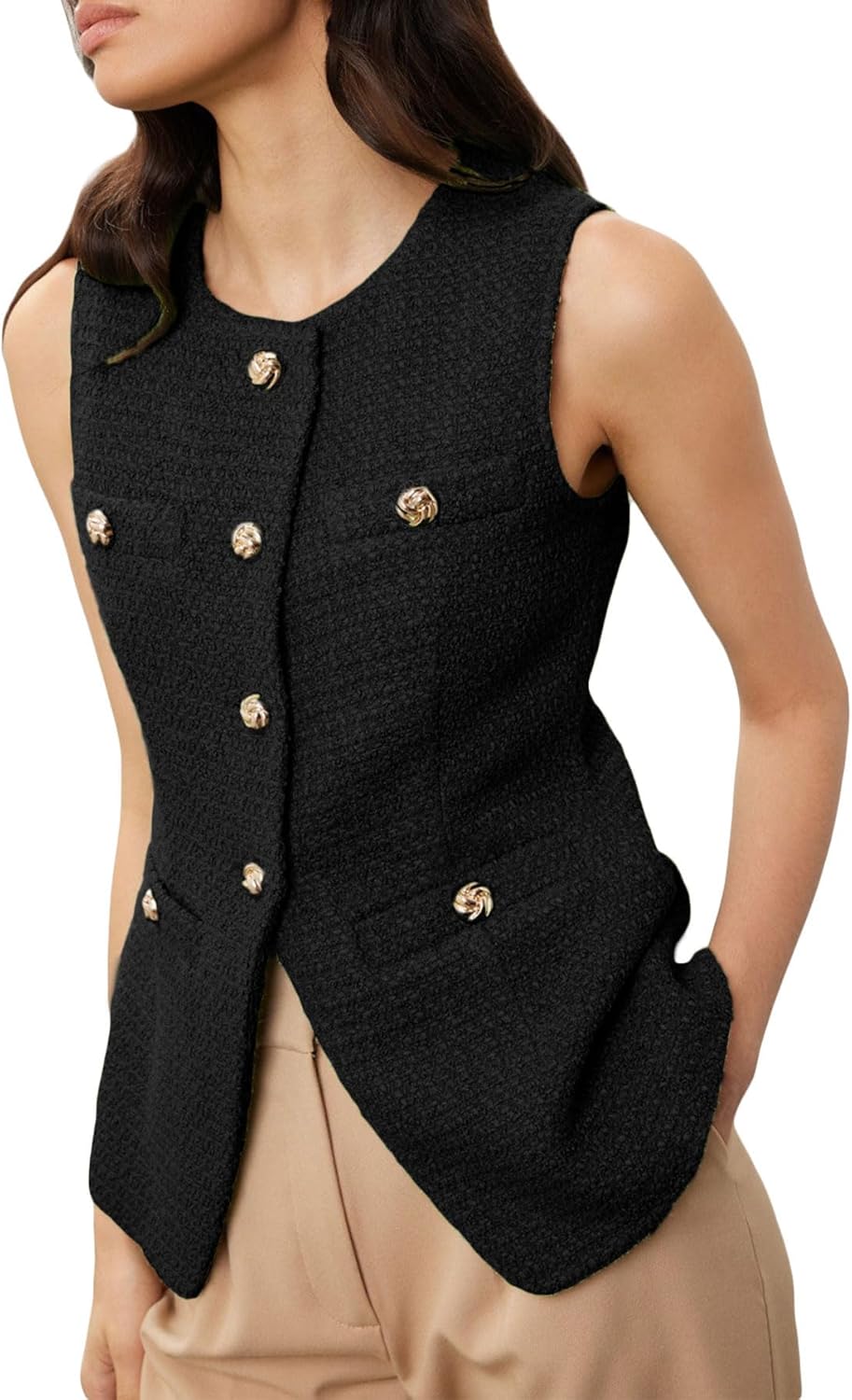 Women's Tweed Blazer Vest Sleeveless Button Front Casual Blazer Jackets Work Office Vest