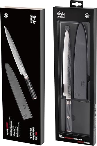 Miniatura 7 de Cangshan YARI Series 501295 - Cuchillo Sashimi de 10 pulgadas con funda, acero de Damasco X-7