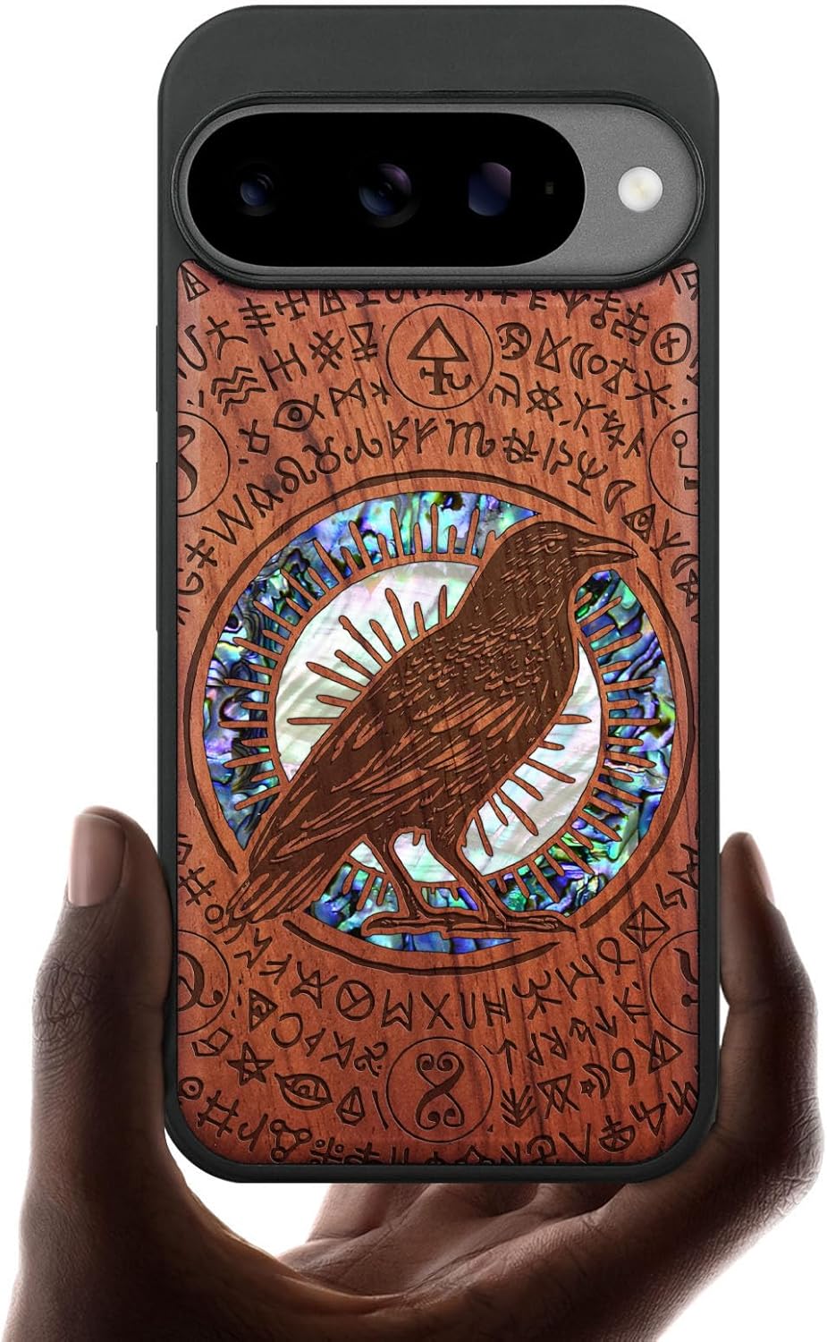 Carveit Magnetic Wooden Case for Google Pixel 10 Case, Wood Artisan Engraved & Handmade Shell Inlaid, Compatible with MagSafe Wireless Chargers, Haloed Crow - Rosy
