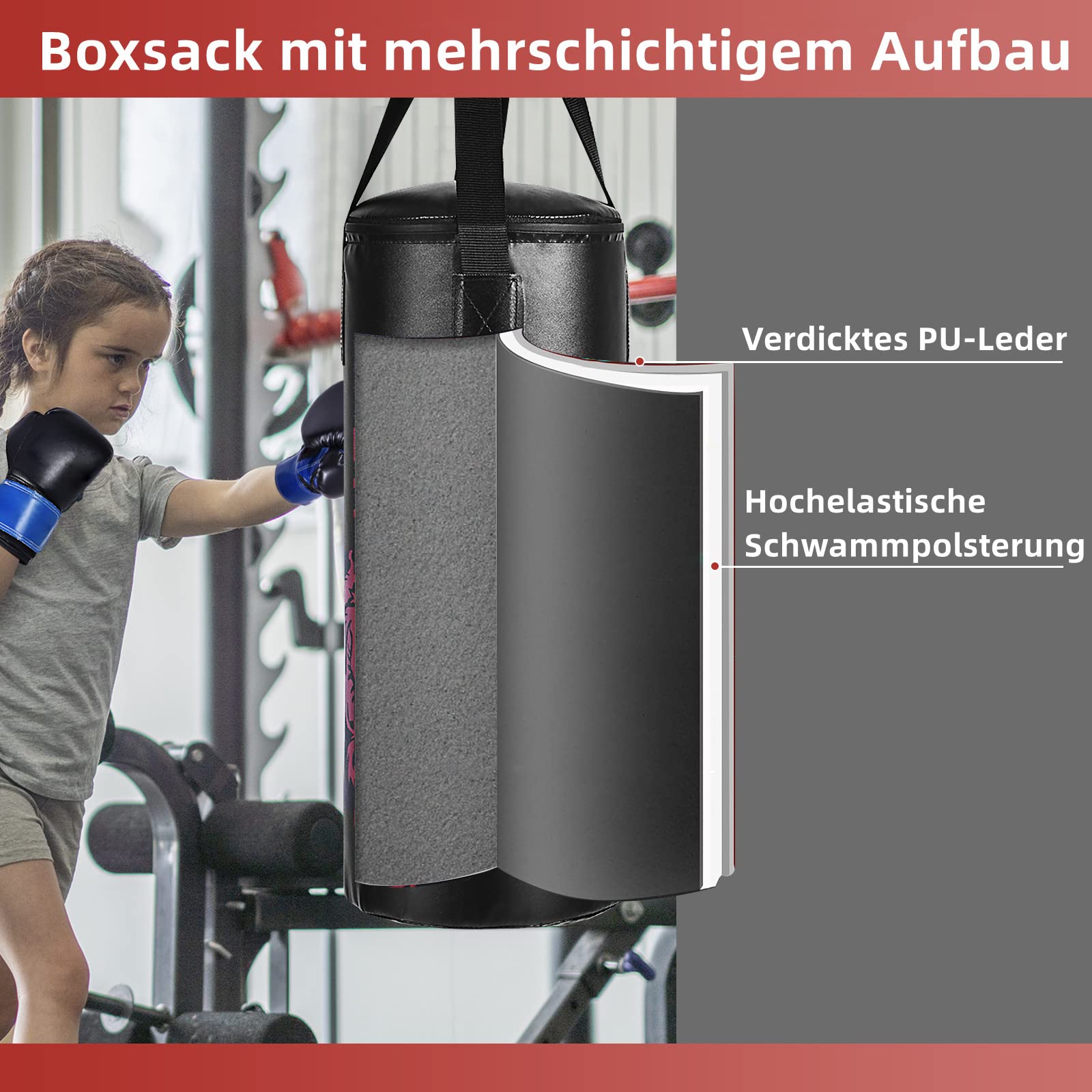 GYMAX Kinder Boxsack-Set mit Boxsack 10 kg, Sandsack mit 8 oz Boxhandschuhen, Springseil & Tragetasche, gefüllt & hängend Box-Set 60 cm, ab 3 Jahren, für Kickboxen, MMA, Muay Thai, Boxen
