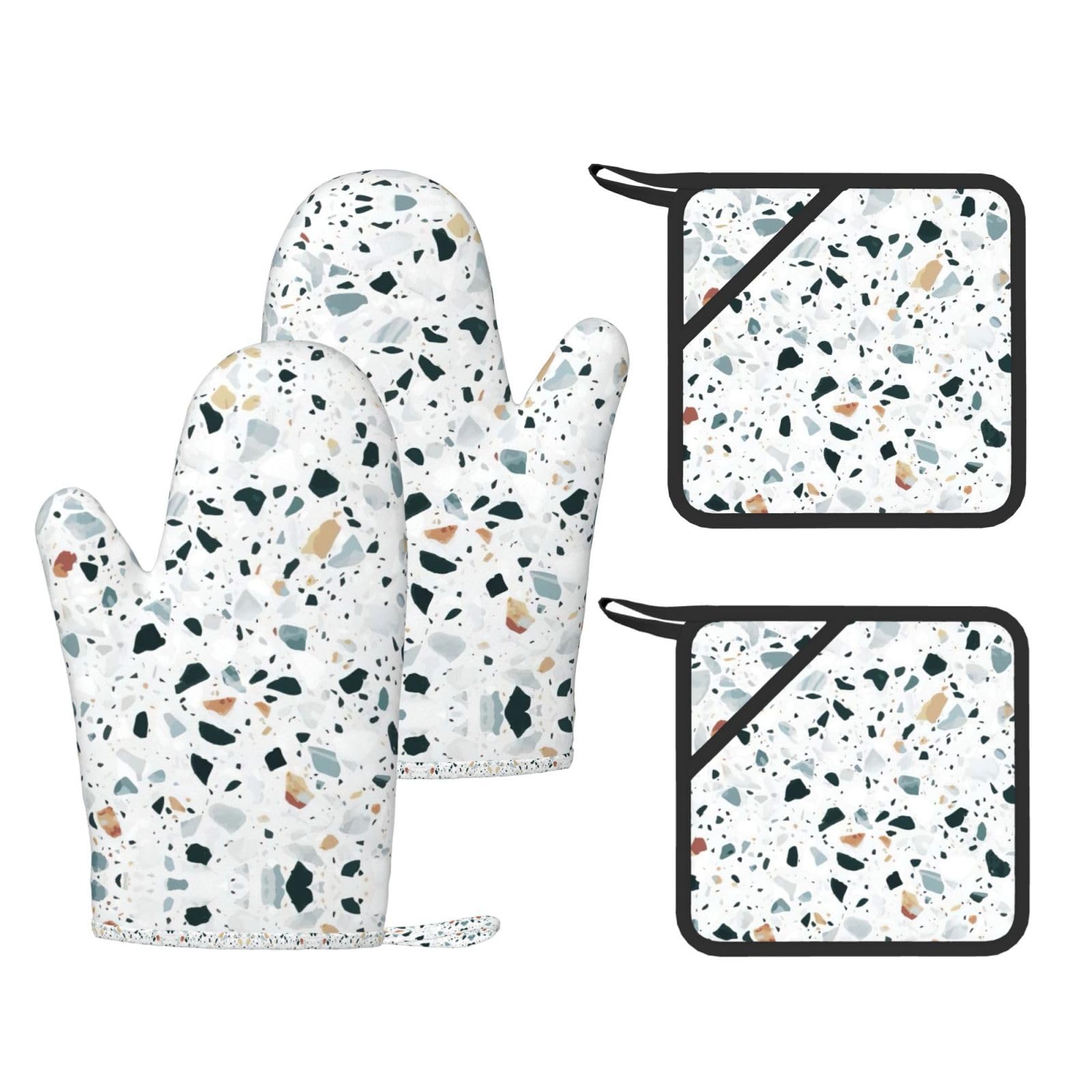 Terrazzo Marble Pastel Printed Potholder and Oven Mitt Set of 4, High Heat Resistant Cooking Gloves for BBQ Grilling