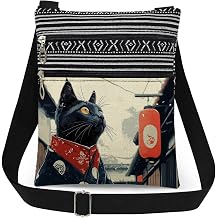 Japanese Style Black Cat Print Crossbody Bag Outdoor Travel Adjustable Shoulder Strap Messenger Bag Unique Japanese Present Birthday Gift Christmas for Cat Lover