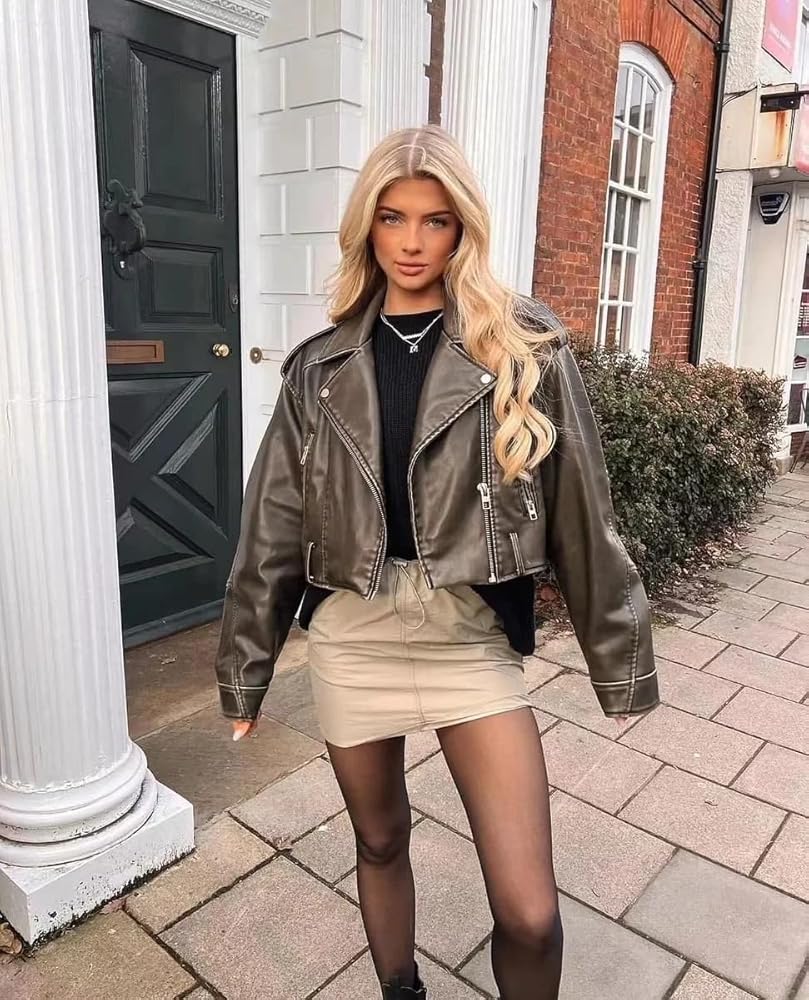 BoShiNuo Women Vintage Loose Pu Faux Leather Short Jacket With