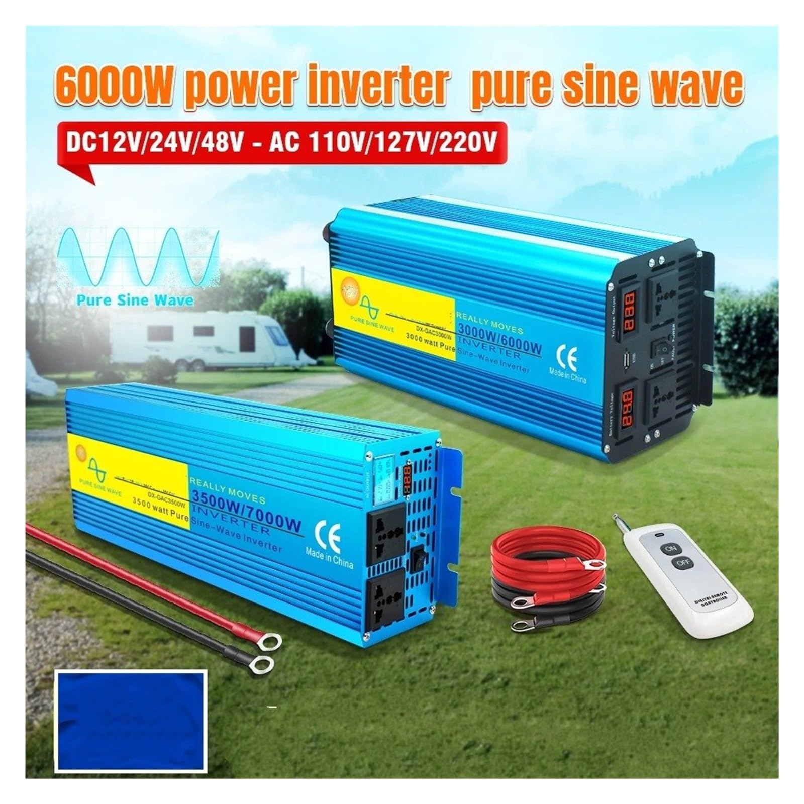 Inversor Corriente 3000 W/6000 W CC 12 V/24 V con Control Remoto para Frigorífico 220 V/230 V 50 Hz/60 Hz Pantalla LED Onda Sinusoidal Pura Convertidor(12V,220V 60Hz Universal,6000W)