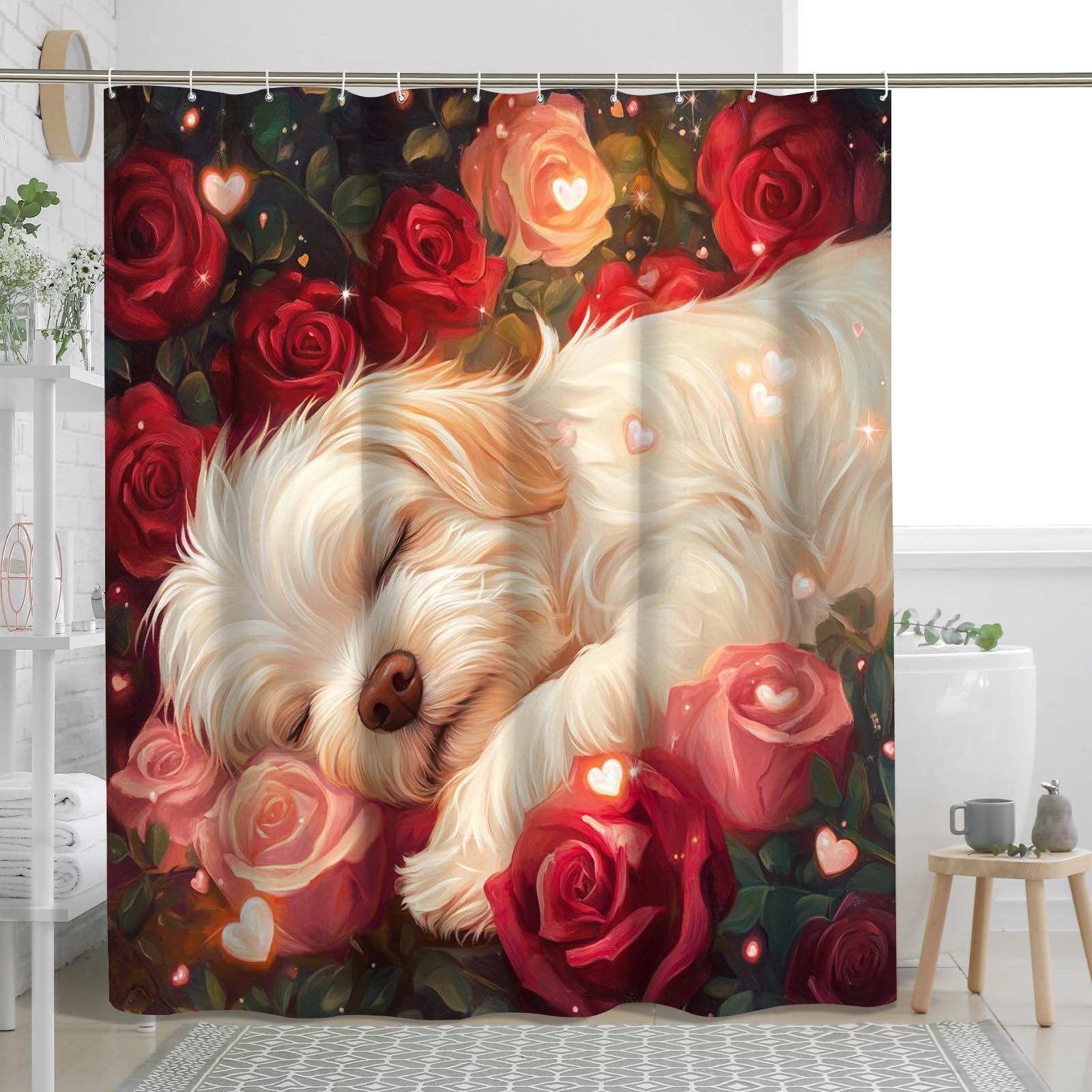 Rideau de douche romantique pour la Saint-Valentin en tissu imprimé de chien maltais