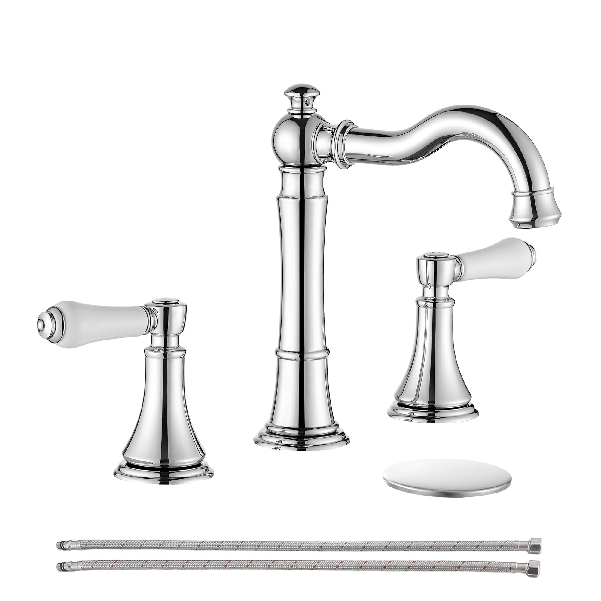 Porcelain 2-Handle Chrome Bathroom Faucets 8 inch Widespread for 3 Holes with Plastic Pop-Up Drain 2Pcs Water Supply