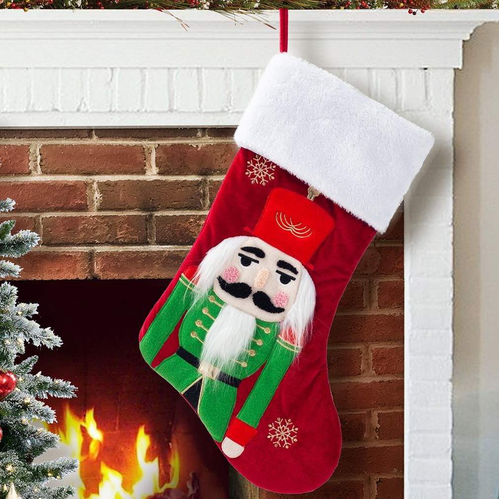EDLDECCO 20 Inches Christmas Stocking Wine Red Velvet with Faux Fur Cuff Nutcrackers Soldier Applique Home Xmas Tree Mantel Holiday Decoration Ornaments