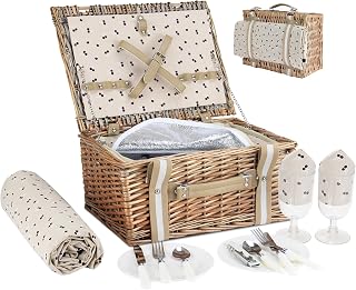 GGOODGAIN Willow Picnic Basket for 2 with Insulated Cooler Bag, Waterproof Blanket & Utensils - Wicker Hamper for Camping, Outdoors