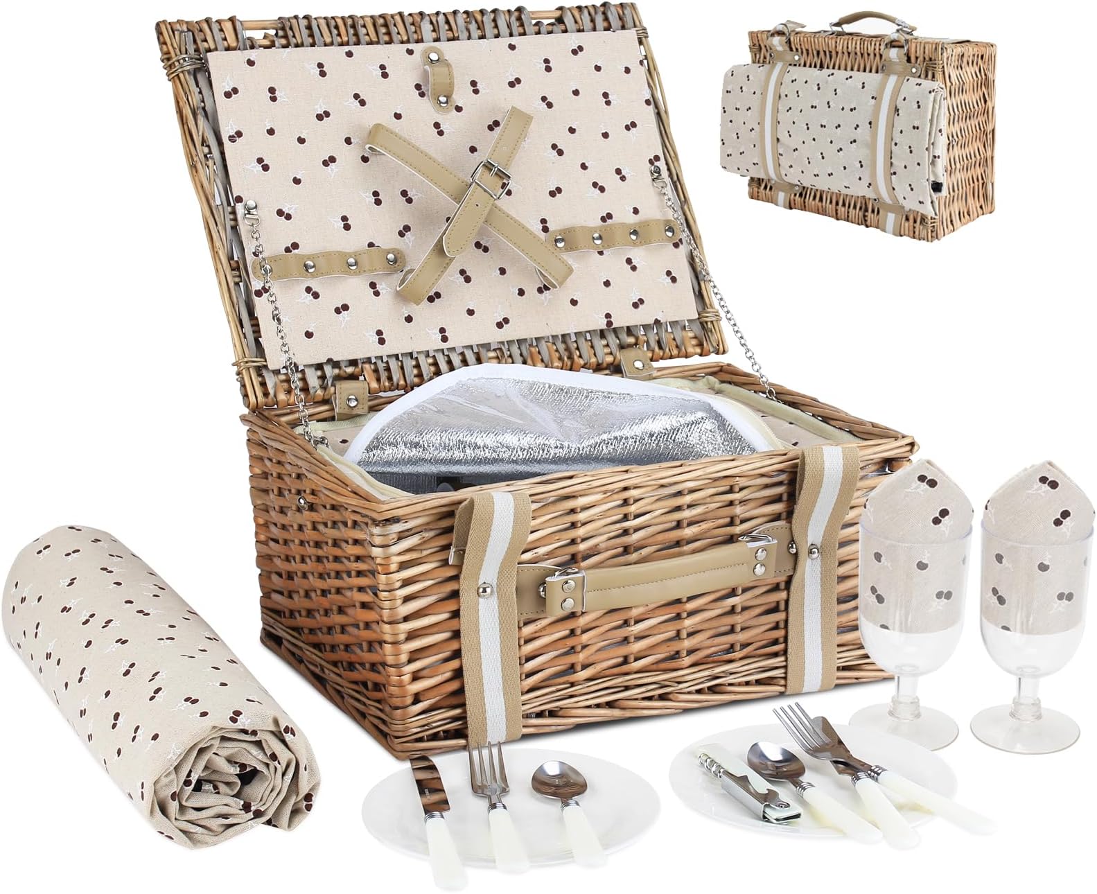 Willow Picnic Basket Set for 2 Persons with Large Insulated Cooler Bag and Waterproof Picnic Blanket, Wicker Picnic Hamper for Camping,Outdoor,Birthday