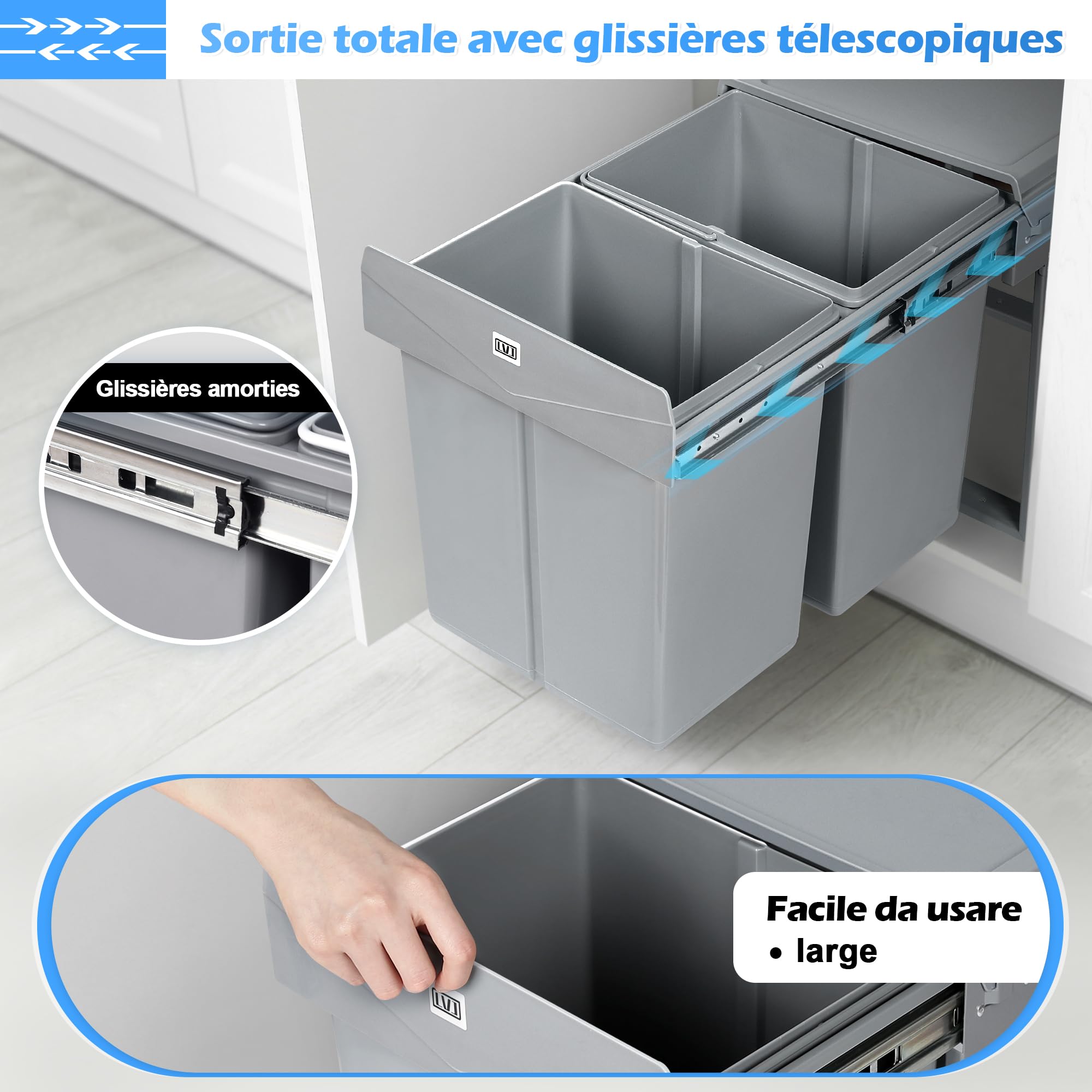 LVJ Amélioré 40L Poubelle Encastrable Sous évier- Séparation Des Déchets - 2 Compartiments Extensibles - 2 x 20 l - Dimensions: 47.8 x 34.8 x 41.7 cm (L x l x H) - Gris