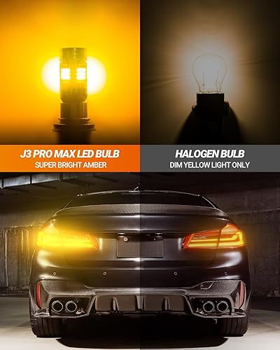 Miniatura 3 de SEALIGHT Bombilla LED 3157 3156, bombilla de señal de giro 3157 anti hiperflash con ventilador turbo, bombilla amarilla ámbar de 2700 K de repuesto