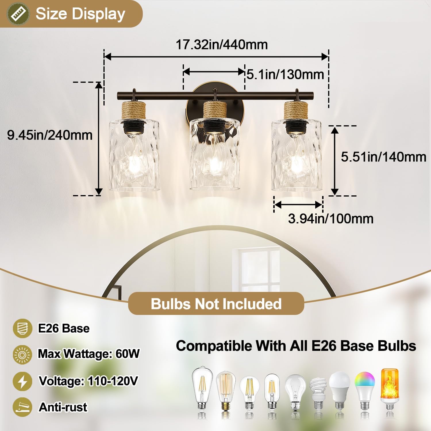 MOKATNG Bathroom Light Fixtures, 3-Light Coastal Vanity Lights with Crystal Glass Shade, Oil-Rubbed Bronze Bathroom Wall Lamp for Mirror Kitchen Hallway Cabinet