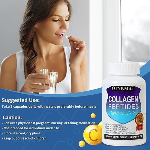 Miniatura 5 de OTYKMBF Píldoras de péptidos de colágeno múltiple de 1800 mg, tipo I, II, III, V, X - Complejo de colágeno hidrolizado de alta calidad que apoya la