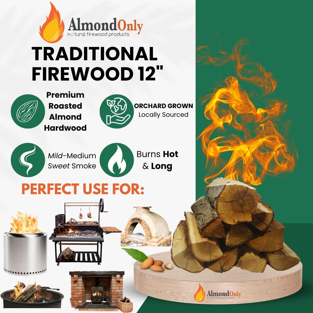 Almond Firewood 12" Logs - 100% Roasted Almond Hardwood Logs - Perfect for Solo Stoves Yukon or Larger, Fire Pits, Fireplaces, Brick and Pizza Oven Wood, Trailer Smokers and More! (20 lbs)