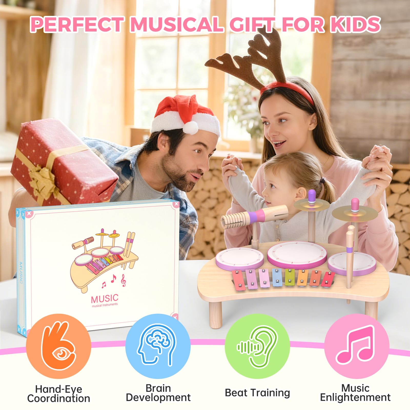 Juego de Tambor Musical para niñas de 1 a 3 años | Montessori Juguete Musical de Madera a Partir de 1 año | Kit de Tambor Infantil con xilófono | Juguete Educativo cumpleaños — view 7