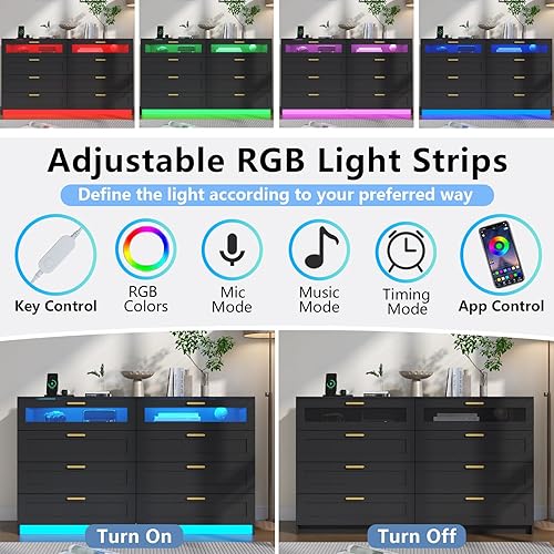 Miniatura 4 de Cómoda con 8 cajones con estación de carga, cómoda blanca para dormitorio con luces LED, cómoda moderna para armario, organizador de cómodas dobles