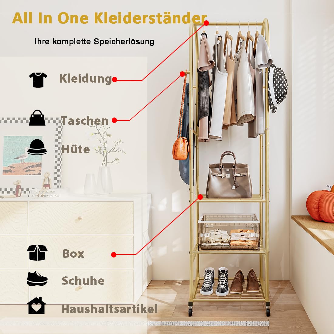 Perchero con ruedas y estantes metálicos de 3 niveles, para colgar ropa con 4 ganchos, organizador para habitación pequeña, color dorado