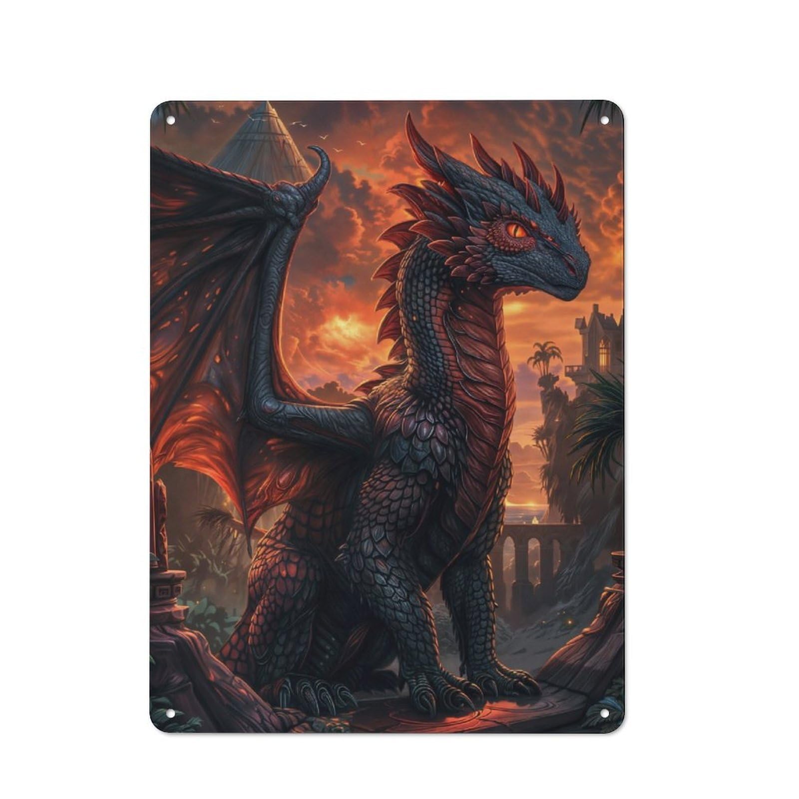 Junmoney Sunset Dragon Sentinel Metal Sign 40X30cm With For Workshop Wall, Rustic Decor, For Collectors Decorating Workshops And Hobby Rooms