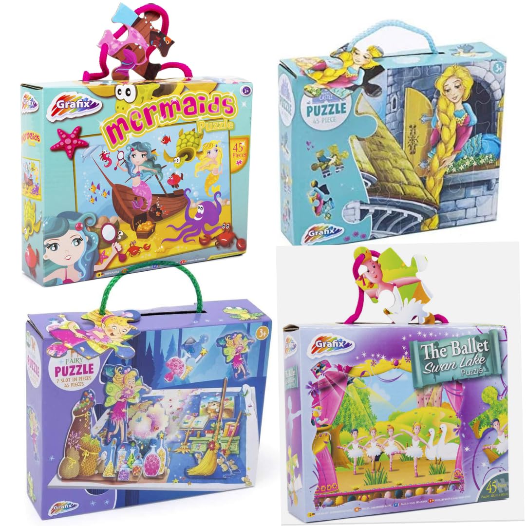 Jigsaw Puzzles for Kids, Set of 4-45 Piece Girls Kids Puzzles, Ballet Swan Lake, Princess, Mermaid, Fairy 3D Children Jigsaws For age 3 years plus.