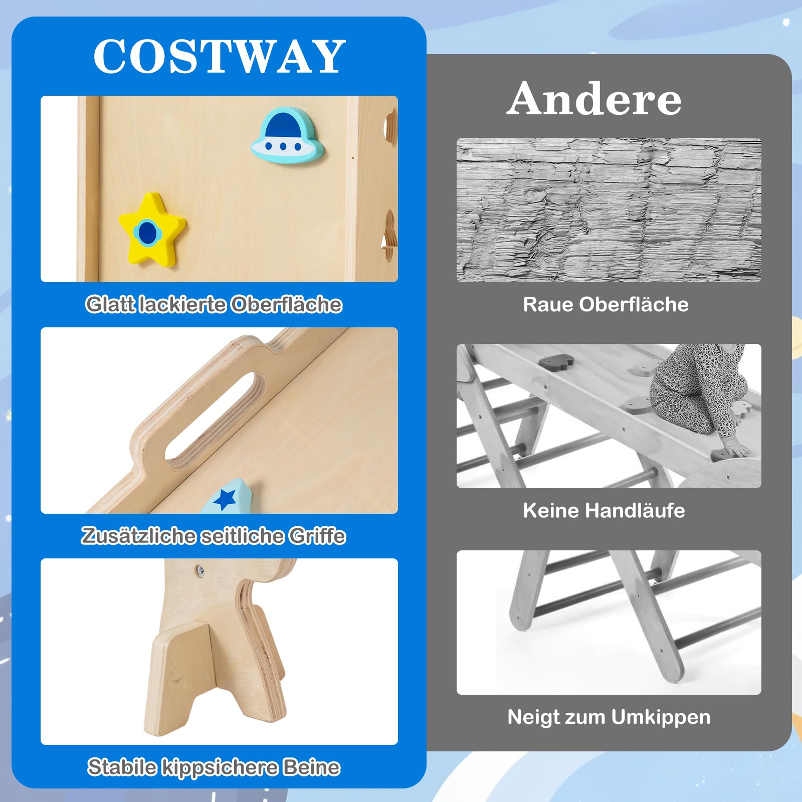 COSTWAY Rusztowanie wspinaczkowe do wnętrz, zestaw 4 szt., składany trójkąt wspinaczkowy ze zjeżdżalnią, łuk wspinaczkowy, siatka, w zestawie dwustronna rampa, zestaw klocków i 2 samochody, trójkąt