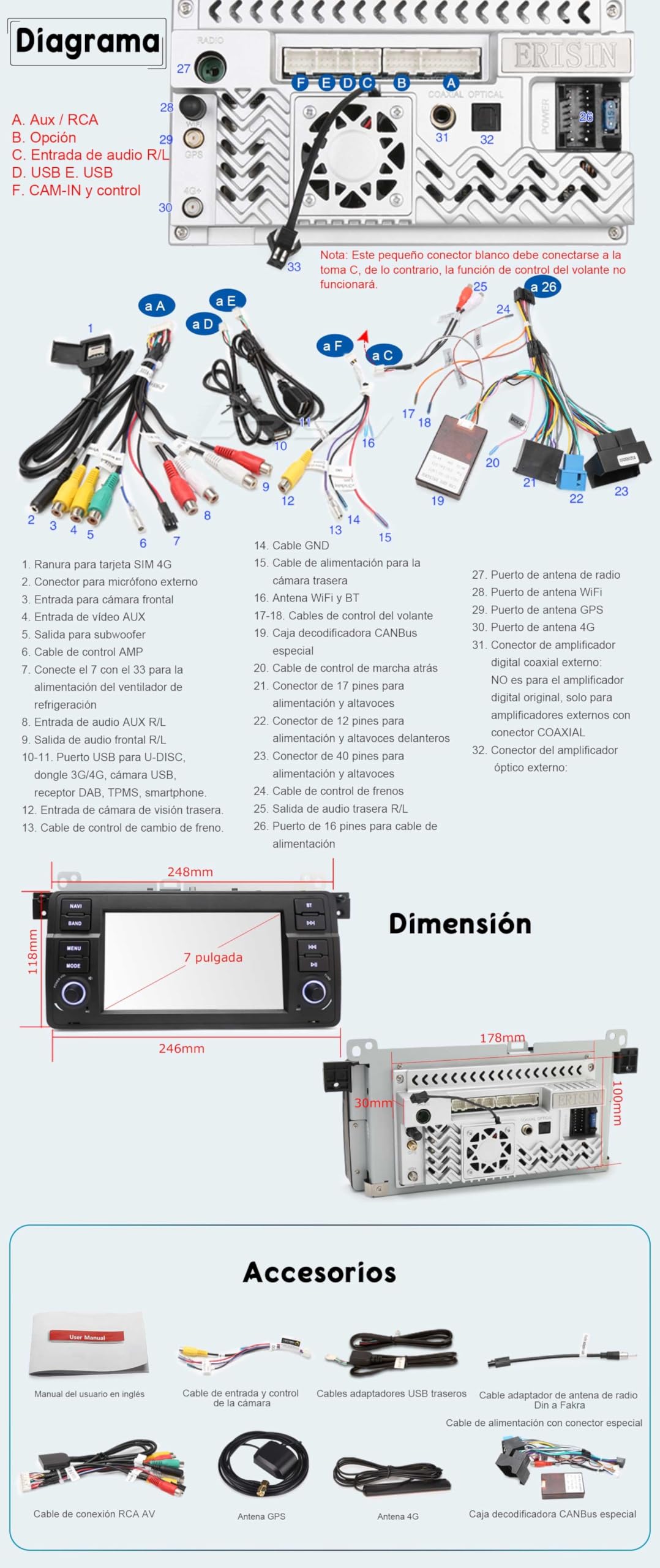 Erisin Qualcomm 8-Core Android 14 4GB+64GB GPS Navegación Estéreo de Automóvil para BMW Serie 3 E46 MG ZT Rover 75 7" Radio Coche IPS Pantalla CarPlay Android Auto Bluetooth 5.1 WiFi 4G DSP Canbus