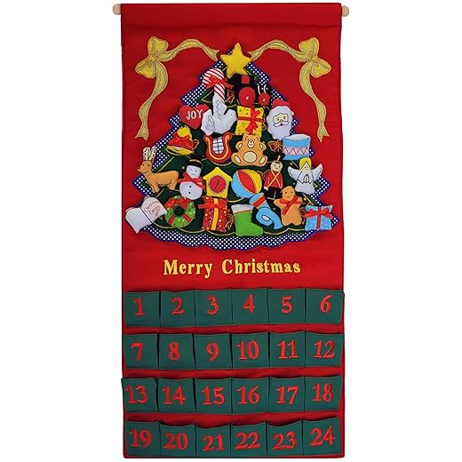 Merry Christmas Green Tree Advent Calendar by Pockets of Learning | Festive Holiday Décor, Seasonal Fabric Wall Hanging | Cloth Christmas Countdown w/ 24 Stuffed Cloth Ornaments