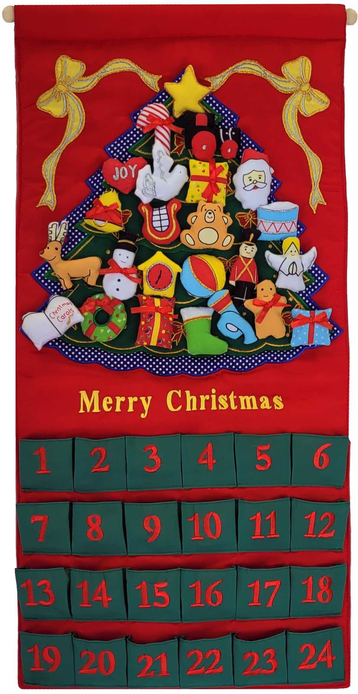 Merry Christmas Green Tree Advent Calendar by Pockets of Learning | Festive Holiday Décor, Seasonal Fabric Wall Hanging | Cloth Christmas Countdown w/ 24 Stuffed Cloth Ornaments