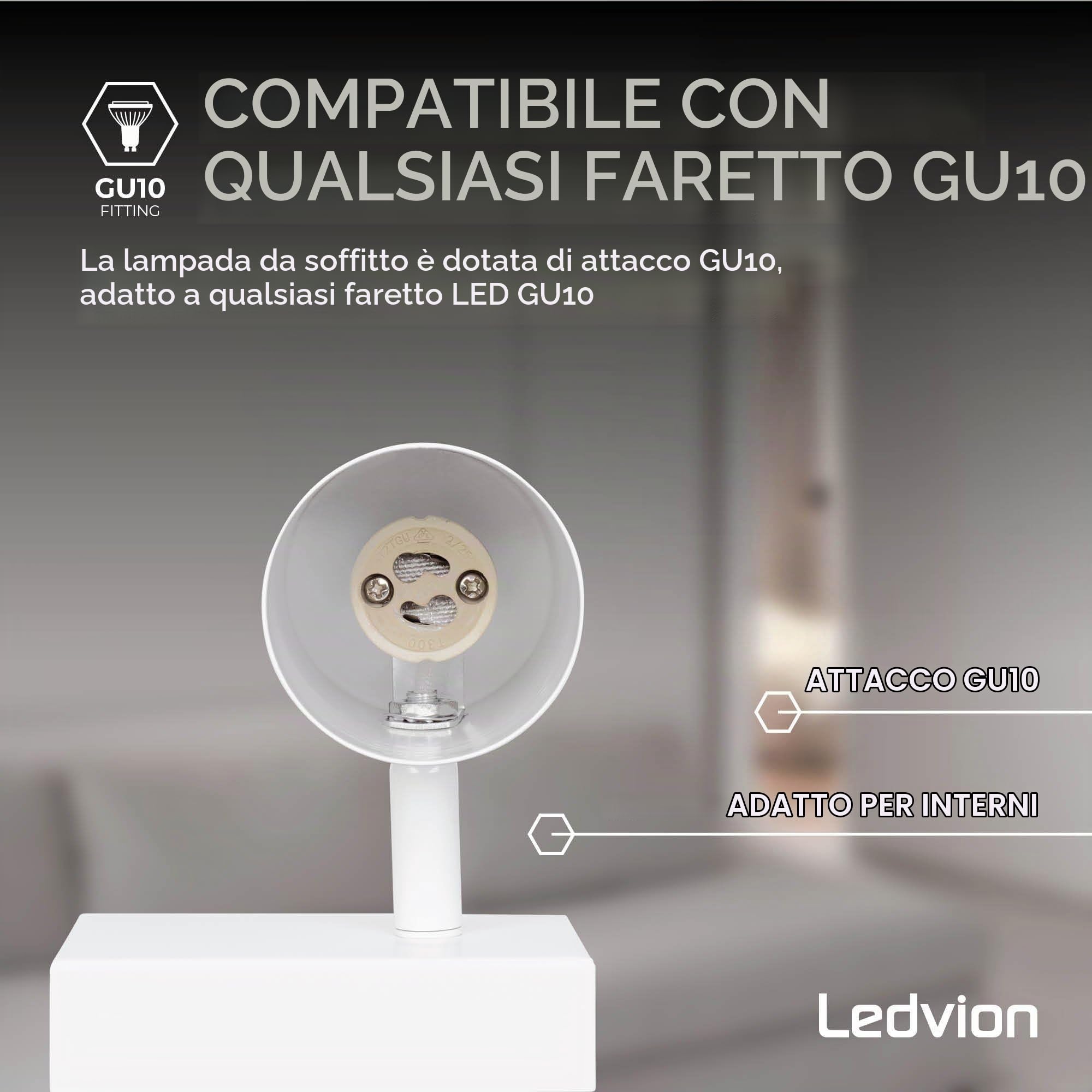 Ledvion Faretto LED Soffitto Bianco 4 luci attacco GU10 senza lampadina | per corridoio soggiorno cucina camera e ambienti interni asciutti