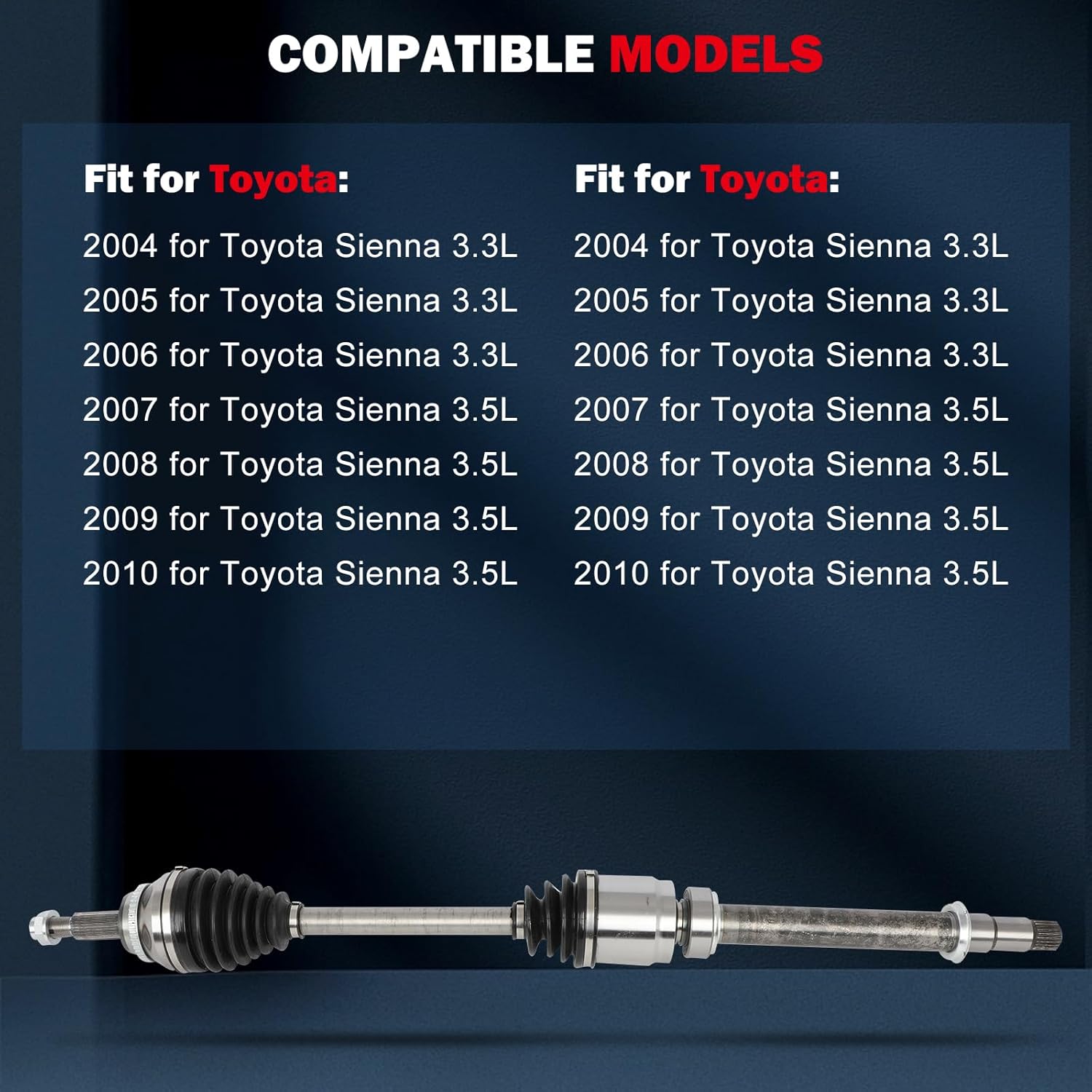 CCIYU 66-5261 Front CV Axle Shaft Assembly 2004-2006 for Toyota Sienna V6 3.3L,2007-2010 for Toyota Sienna V6 3.5L,FWD,Front Right Passenger Side