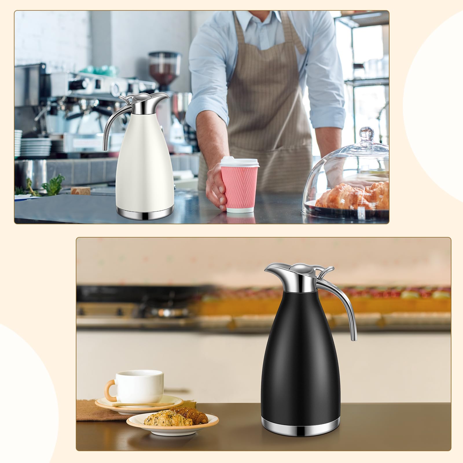 Uiifan 2 jarras térmicas de acero inoxidable de 68 onzas, jarra térmica de café aislada de doble pared al vacío con cepillos, retención de calor de 12 horas (negro, blanco)